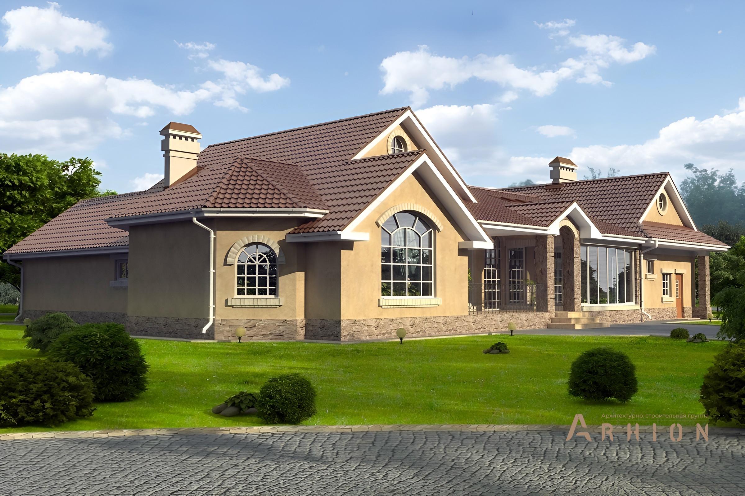 9. Проект одноэтажного дома в современном стиле с многоскатной кровлей, cp-49-95, площадью - 335 кв c гаражом